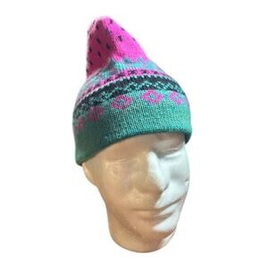Vintage watermelon beanie ski hat Cappello wool pink and turquoise blue